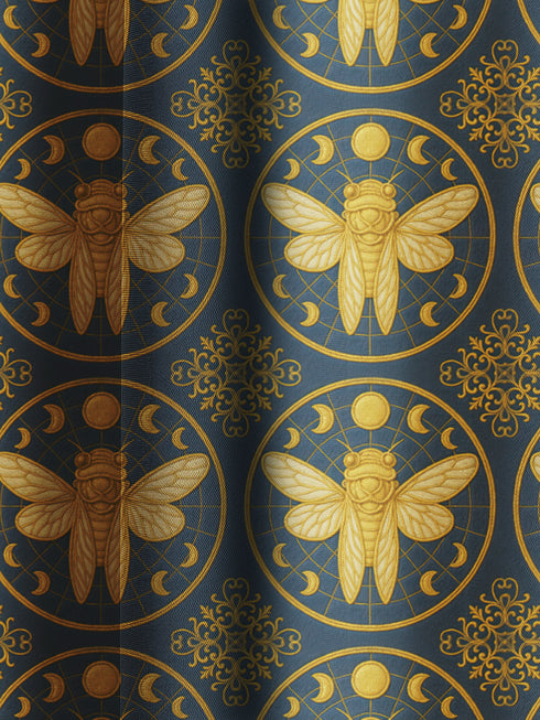 A single panel of a heavyweight blackout curtain with a rich, satiny texture. The design features a repeating pattern of large, golden cicadas, each framed within a celestial moon phase circle on a dark charcoal background. This moody entomology and lunar art is ideal for Dark Academia, Gothic, and Witchy interior aesthetics, providing both a dramatic statement piece and functional light-blocking for a bedroom, library, or living room.